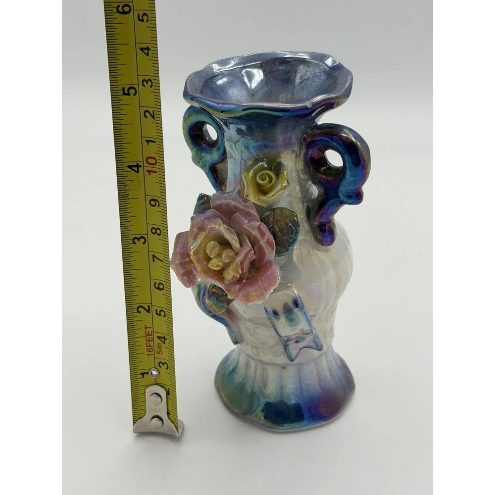Vintage Lustreware Mini Vase Applied Pink Rose Floral Double Handle Iridescent